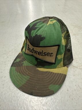 VTG 70s Budweiser Camo Mesh Trucker Hat - Green, Brown, Black - Made In USA